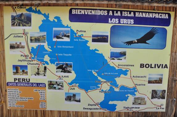 Mapa do Titicaca mostrando as principais ilhas e características do lago que faz fronteira entre Peru e Bolívia (Islas Flotantes, perto de Puno, no Peru)